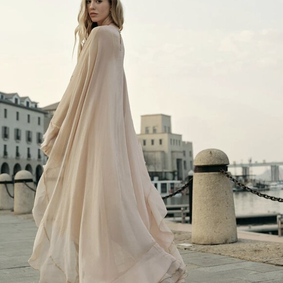 Chiffon Layered Maxi Dress With Cloak | Size Large | Pink - Picture 2 of 12